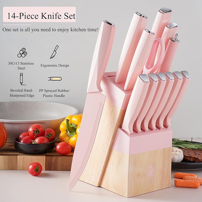 Knife Set, 14-Piece Kitchen Knife Block Set Dishwasher Safe with Wood Block and Sharpener,Non Stick Sharp Stainless Steel Chef Knife Sets for Cooking