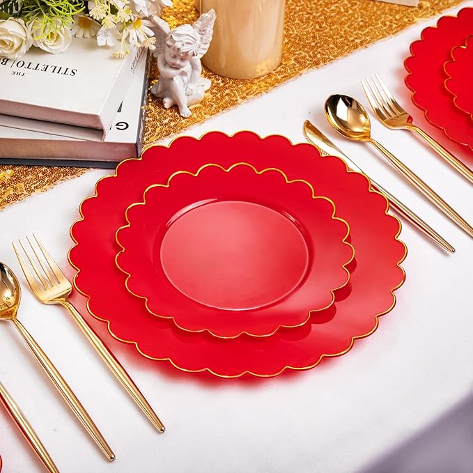 LIYH 60 Pcs Red Plastic Plates Disposable with Gold Edge Scalloped Red Disposable Plates Includes 30 Dessert & 30 Dinner Plate Dishes Tableware for Party Birthday Mother's Day