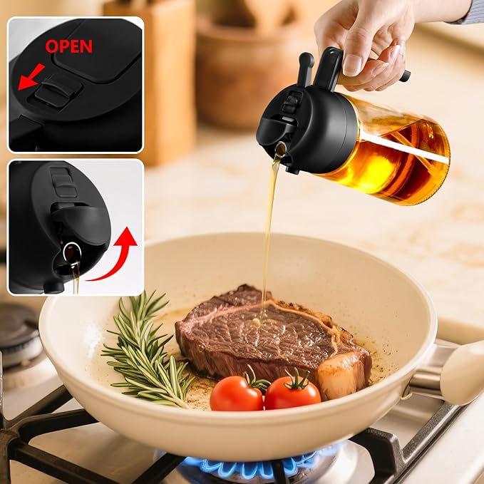 2PCS Oil Sprayer for Cooking, 16oz/470ml Glass Oil Dispenser/Pour Bottle, Kitchen Accessories, Kitchen Gadgets for Air Fryer, Salad, BBQ, with Stickers (Black,Black)