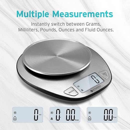 Etekcity 11lb/5kg Stainless Steel Digital Kitchen Food Scales, with Liquid Volume Measurement Function, Auto Zero/Tare and Large Backlight LCD Display, Silver