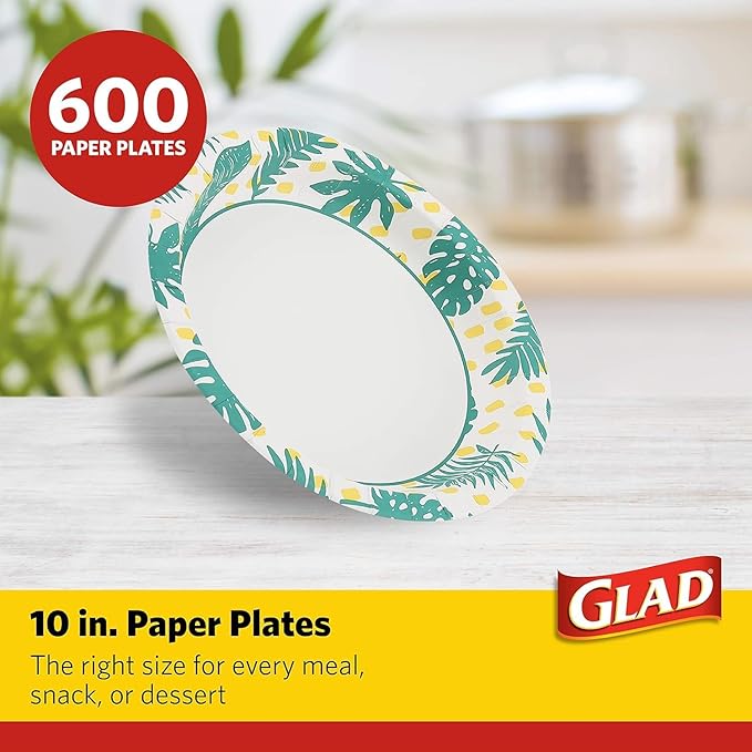 Glad Round Decorative Disposable Paper Plates, Palm Leaves Pattern, Soak Proof, Cut Resistant, Microwave Safe Dinner Plates for Everyday Meals, Parties, and Picnics, 10 Inch, 50 Count - 12 Pack