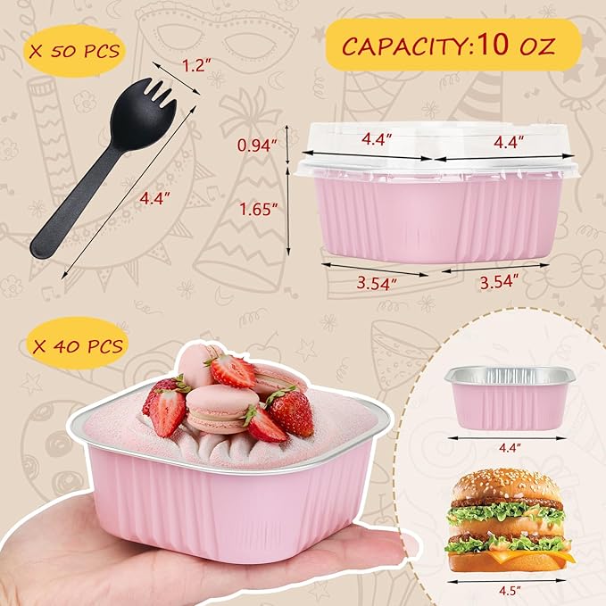 LNYZQUS 10oz Mini Cake Pans With Lids 40 Pack, Aluminum Foil Square Brownie Baking Cups,Disposable 4”x4” Large Cupcake Pan,Jumbo Muffin Tin Ramekins Holders-Pink