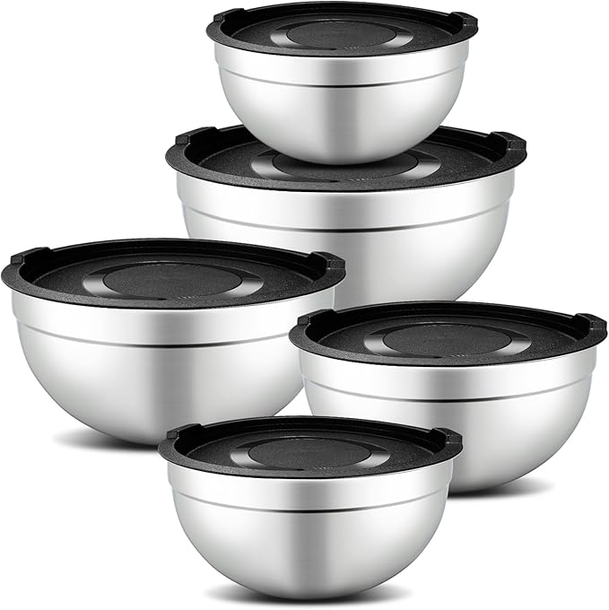 5 Piece Mixing Bowl Set - Mixing Bowls with Lid, Stainless Steel Mixing Bowls for Baking, Size 1.5, 2.1, 3.5, 4, 4.5QT, Baking Bowl for Food Preparation, Mixing and Serving Foods
