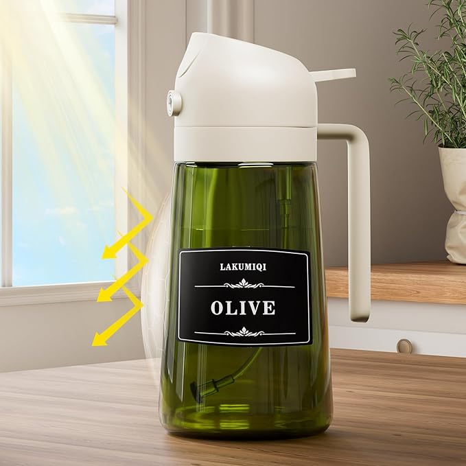 2 in 1 Oil Sprayer for Cooking, 16oz Olive Oil Dispenser Bottle for Kitchen, Food Grade Light-Blocking Leak Proof Glass Spray Bottle for Salad, Air Fryer, BBQ