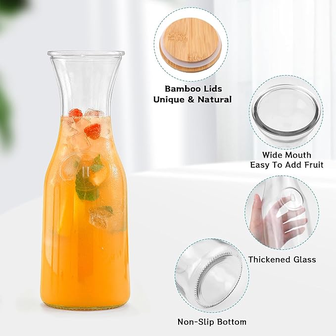 Glass Carafe with Bamboo Lid, Round 35 Oz Beverage Dispensers Carafe, Mimosa Bar Supplies, Clear Glass Pitcher with Name Labels for Iced Tea, Coffee, Juice(Set of 4)