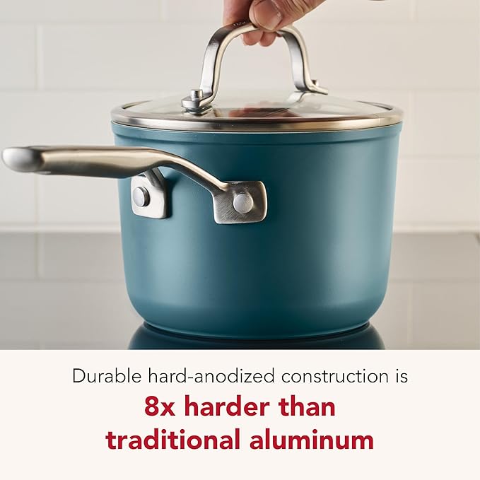 KitchenAid Hard Anodized Ceramic Induction Nonstick Cookware Saucepan with Lid, Dishwasher Safe, 2 Quart Non Stick Sauce Pan with Stainless Steel Handle - Agave Blue