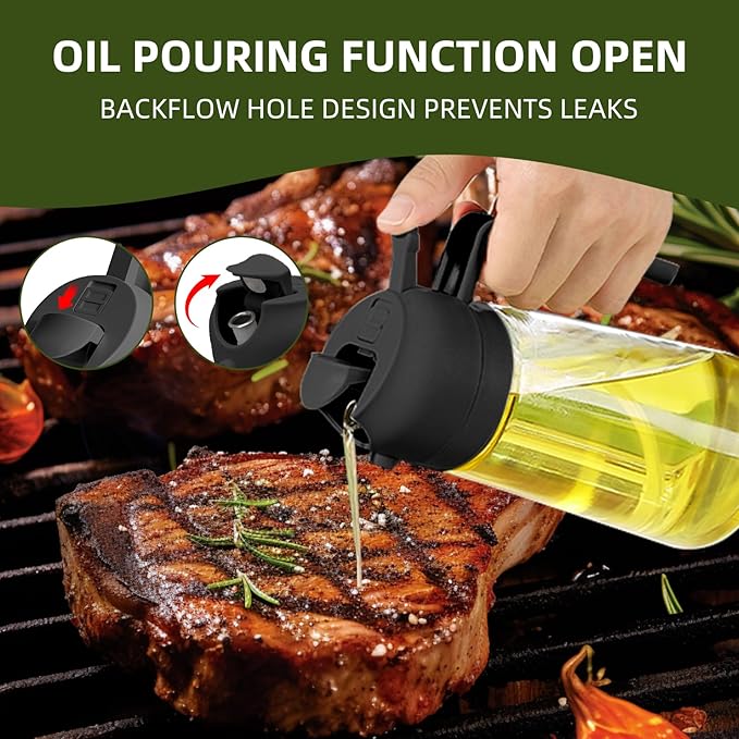 2pcs Oil Sprayer for Cooking, 16oz/470ml Oil Dispenser for Kitchen, 2 in 1 Olive Oil Dispenser Bottle for Kitchen Gadgets, Air Fryer, Salad, BBQ (Black, Green)