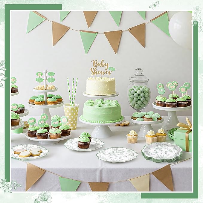 30Pcs Sage Green Floral Paper Plates, 7inch Vintage Dessert Cake Plate Scalloped Sage Green and White Plates Disposable Cute Toile Plate for Birthday Baby Bridal Shower (Pack of 2)