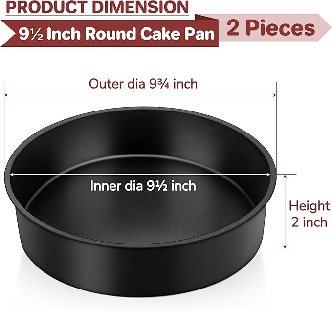E-far 9½ Inch Cake Pans Set of 2, Nonstick Round Baking Pans Tins Set for Birthday Wedding Layer Smash Cakes, Stainless Steel Core & Nontoxic Coating, Straight Side & 2 Inch Deep (Black)
