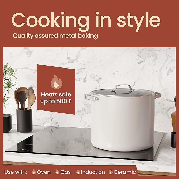 Bakken 16 Quart Ceramic Coated Stock Pot with Lid, Easy Clean Nonstick Pot, Tempered Glass Lid, Riveted Stainless Steel Handles, Oven Safe Up To 500°F, PTFE & PFAS Free, All Stove Compatible, Cream
