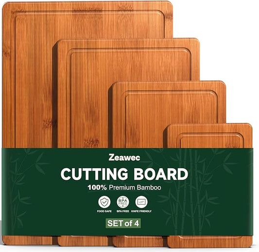 4-Piece Set Bamboo Cutting Board for Kitchen - Crack-Resistant Wood Chopping Boards with Deep Juice Grooves, Pre-Oiled Butcher Block for Meat, Vegetables & Cheese, Carbonized
