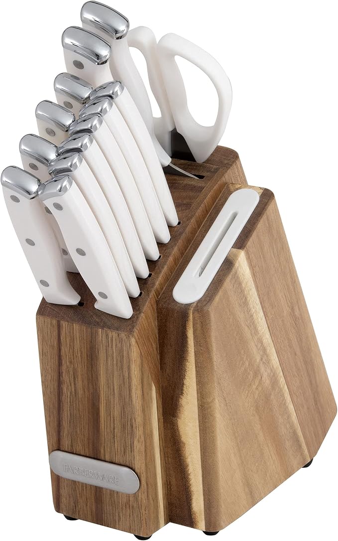 Farberware Edgekeeper Triple Riveted Slim Acacia Knife Block Set with Built in Sharpener, 14-Piece, White