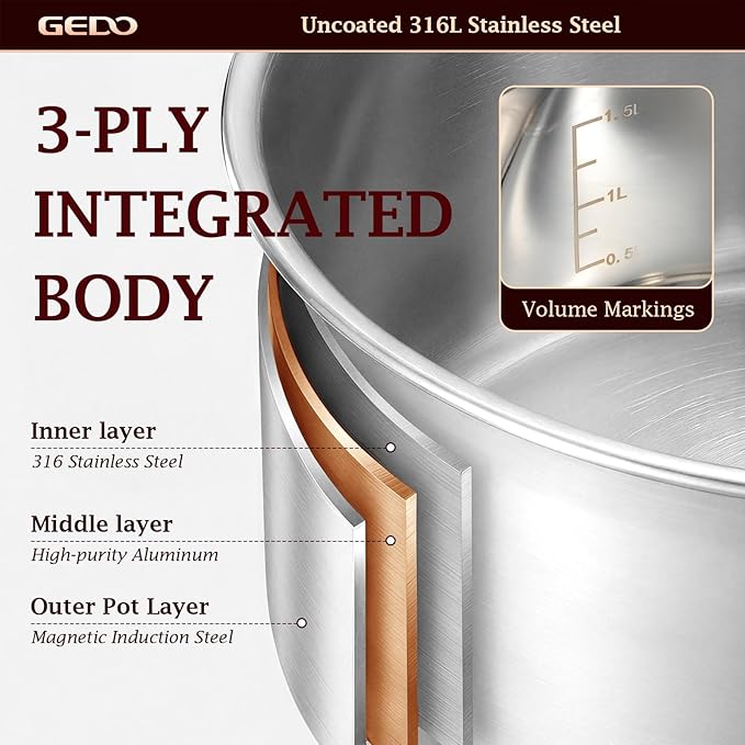 GEDO Food-Grade 316L Stainless Steel Sauce Pan with Glass Lid, 3-Ply Integrated Body Uncoated Cooking Pot, Universal for Induction Gas Ceramic Stovetops, Multi-Purpose Kitchen Cookware (2.7, Quarts)