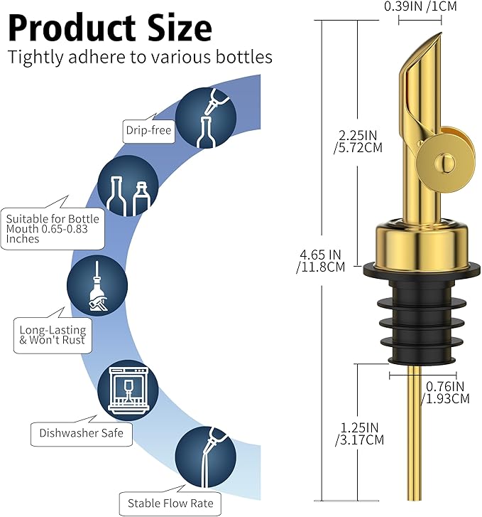 Auto Flip Liquor Pour Spouts 12-Pack, Leak-Proof 304 Stainless Steel Wine Pourer & Olive Oil Dispenser with Food-Grade Silicone for Kitchen, Bar, Restaurant (Gold)