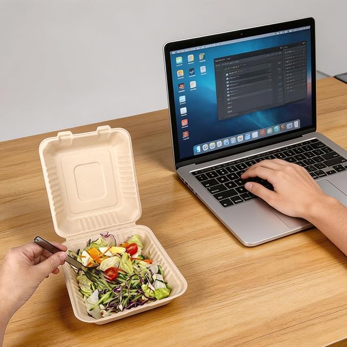 Aricsen Compostable 50 Pack 8 Inch Takeout Lunch Box Containers with Lid To Go Take Out Clamshell for Food, Disposable Eco-Friendly Biodegradable Bagasse, PFAS-Free, Brown