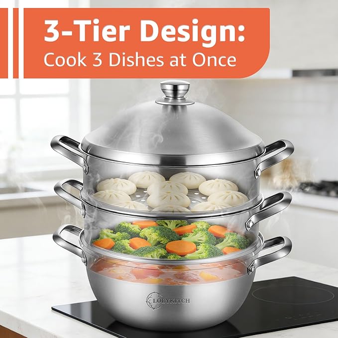 LOLYKITCH 8QT Stainless Steel Steamer Pot - 3 Tier Steamer for Cooking Dumplings & Veggies, 12 Inch Large Induction Stock Pot for All Stovetops, Heavy Duty