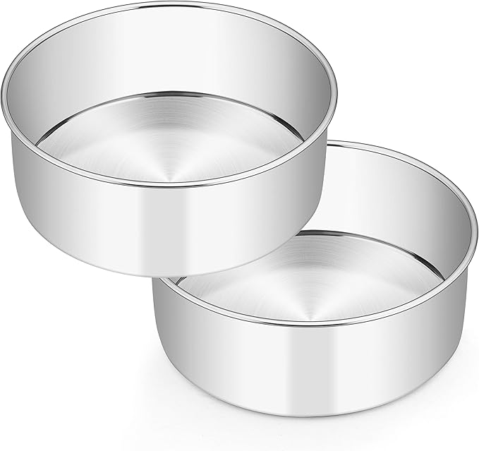 E-far 8 x 3 Inch Round Cake Pans, Stainless Steel Deep Cake Baking Pan Tin for Birthday Wedding Party Chiffon Cheesecake, Healthy & Non-Toxic, Straight Side & Dishwasher Safe - Set of 2