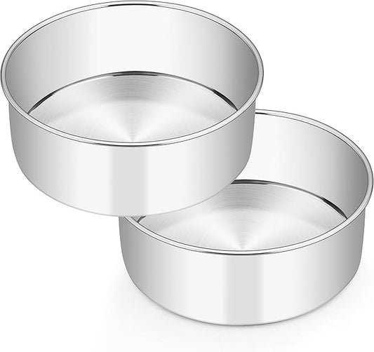 E-far 8 x 3 Inch Round Cake Pans, Stainless Steel Deep Cake Baking Pan Tin for Birthday Wedding Party Chiffon Cheesecake, Healthy & Non-Toxic, Straight Side & Dishwasher Safe - Set of 2