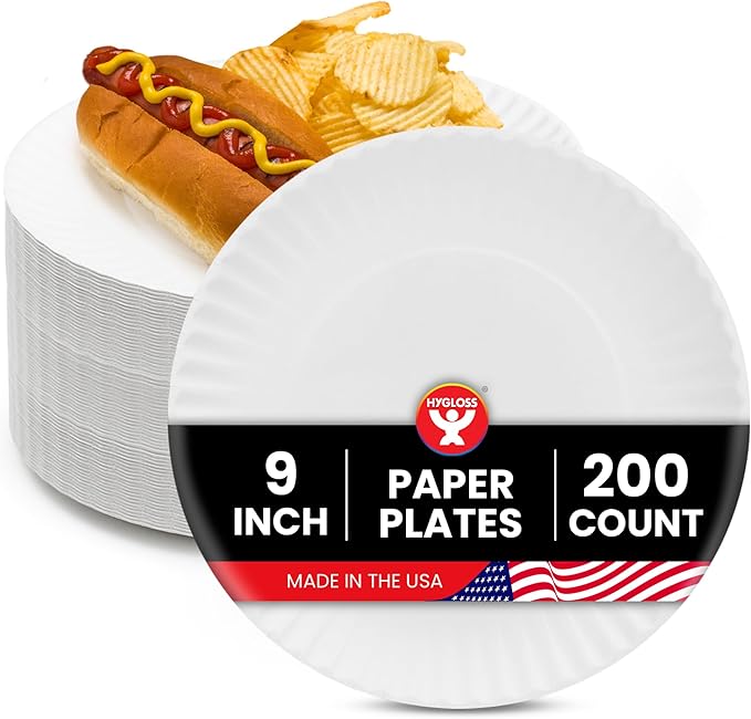 Hygloss Bulk Paper Plates 9-Inch - Uncoated Large Plain White Disposable Plates for Party, Dinner, Foodware, Events, Crafts & More - Environmentally Friendly - Recyclable & Microwave Safe (200 Count)