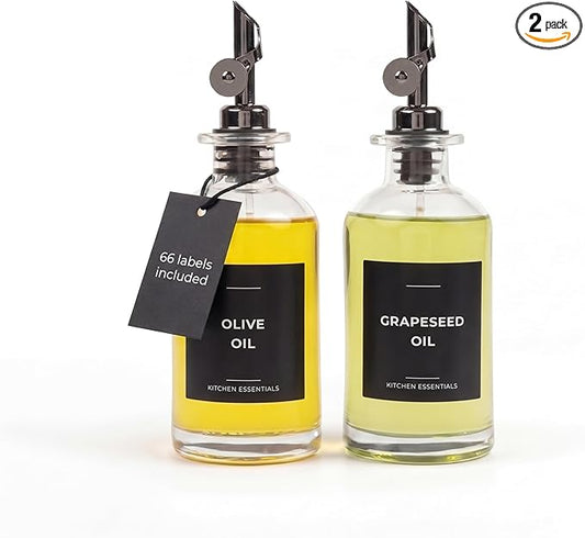 Oil Dispenser for Kitchen - Glass Olive Oil Bottle Set of 2 (11.8oz) with Black Weighted Self-Closing Pourer - Cooking Oil Dispenser with 66 Labels, Aligner & Funnel