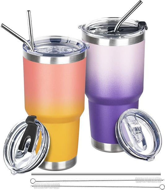 30 oz Tumbler with Lids and Straws Double Wall Vacuum Insulated Tumbler,Stainless Steel Leak-proof Tumbler Cup Powder Coated Travel Coffee Mug for Cold and Hot Drinks,Gardient Purple-Sunrise,2 pack