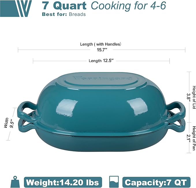 Enameled Cast Iron Sourdough Bread Oven, Dutch Oven, Loaf Cast Iron Bread Pan for Homemade Bread Baking, Meatloaf Pan with Lid, 7QT, Bluegreen