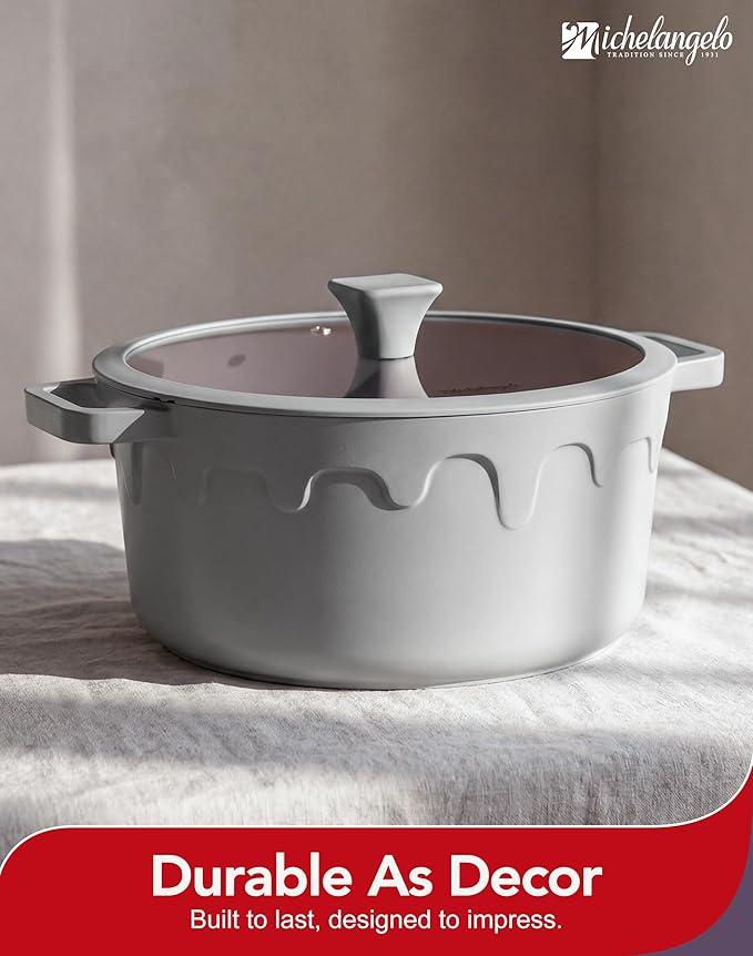 MICHELANGELO 8-Quart Soup Pot with Lid - Nonstick Large Ceramic Stock Pot for Induction Cooktop, 8qt Non Stick Cooking Pots with Silicone Handle Covers & Pot-Holder, Grey