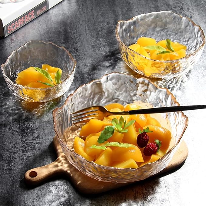 Glass Salad Bowl Irregular Lotus Flower Shape Serving Bowls, Mixing Nut Bowls for Kitchen Fruist, Snack, Dessert, and Ice Cream Candy Dishes (Crystal Clear with Gold Rim, Large)