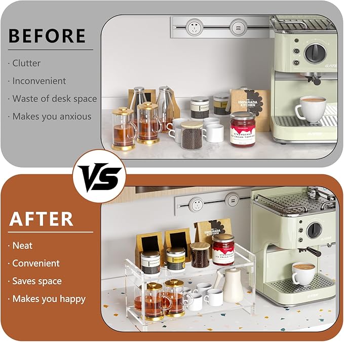 Coffee Station Organizer Countertup: Coffee Bar Accessories - 2 Tier Kitchen Acrylic Storage Shelf for Placing Mugs Beans Syrup Cups Stirrers