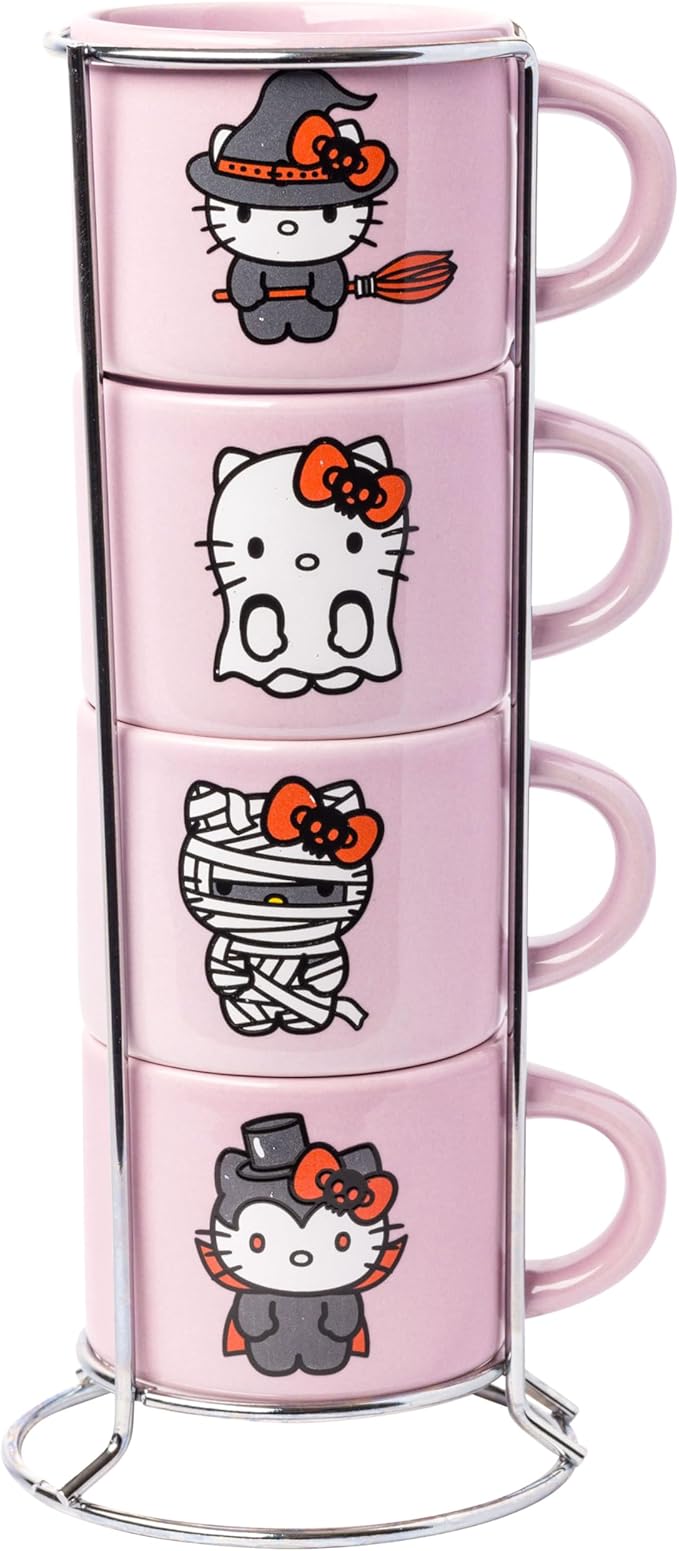 Silver Buffalo Sanrio Hello Kitty Halloween 4 Pack Stackable Ceramic Mug Set With Storage Rack, 3 Ounces