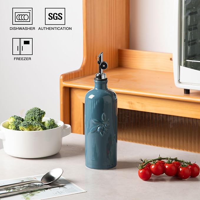 Sweejar Ceramic Olive Oil Dispenser Bottle for Kitchen Counter, 20 oz Oil Dispenser with Spout, Avocado Oil Cruet for EVOO, Vinegar, Oil Container for Cooking, Pack of 1 (Fog Blue)