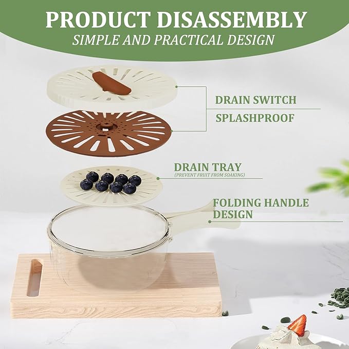 2 Pcs Fruit Vegetable Washing Bowl with Strainer,2.85QT+1QT Multipurpose Drain Basket with Lid & Foldable Handle,Fruit Strainer Container for Kitchen,Fridge,Picnics,Apartment