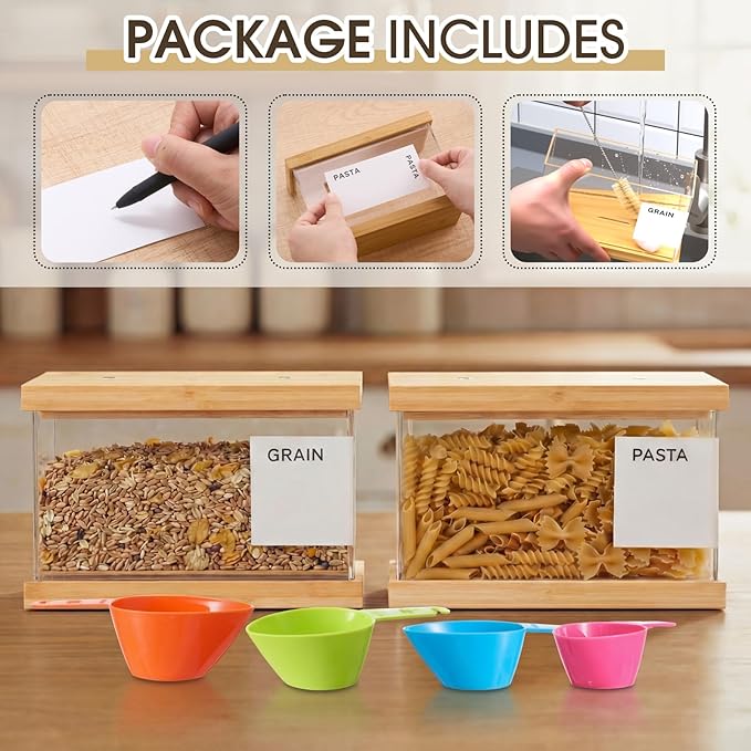 2 Pcs 2L Bamboo Food Dispenser Kitchen Organizers and Storage with Labels Airtight Pantry Organizers and Storage Container with Measuring Cups for Cereal, Rice, Flour, Sugar, Snack