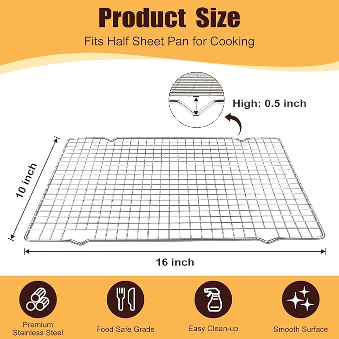 Cooling Racks for Cooking and Baking – 2 PCS 10" x 16" Heavy Duty 304 Stainless Steel Wire Rack, Oven & Dishwasher Safe Baking Cooling Rack for Grilling, Roasting – Fits Half Sheet Pan