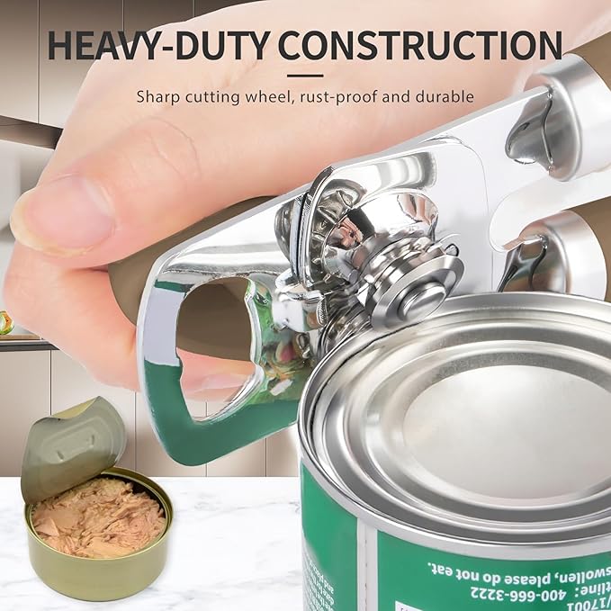 Can Opener Manual, Heavy Duty Stainless Steel Smooth Edge Can Opener With Soft Touch Handle, Oversized Handheld Easy Turn Knob, Multi-Function Bottle Opener, Coffee