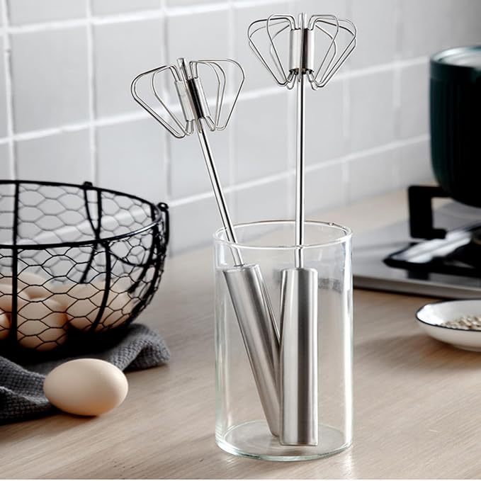 2Pcs Semi-Automatic Stainless Steel Egg Whisk, Hand-Operated Rotary Whisks, Multi-functional Stainless Steel Kitchen Mixing Tool, Manual Egg Whisk, Suitable for Mixing, Whipping and Stirring,12+13"