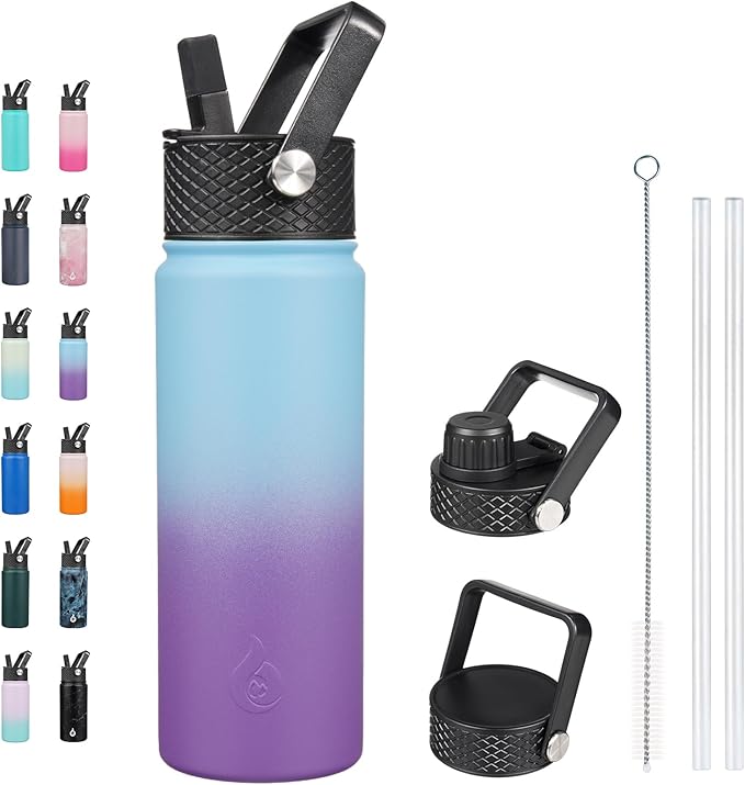 BJPKPK Insulated Water Bottles with Straw Lid, 22oz Cold & Hot Thermo, Stainless Steel Metal Water Bottle with 3 Lids, Reusable Thermo, Cups, Mugs for Daily Use-Ocean Dream
