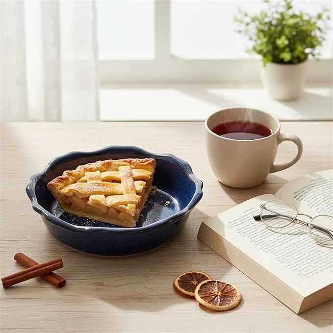 Peohud 6 Pack Ceramic Mini Pie Pans, 6 Inch Small Blue Pie Plate, 12 Oz Individual Pie Dish, Round Pot Pie Baking Dishes with Ruffled Edge for Dessert, Apple Pie, Microwave, Oven Safe