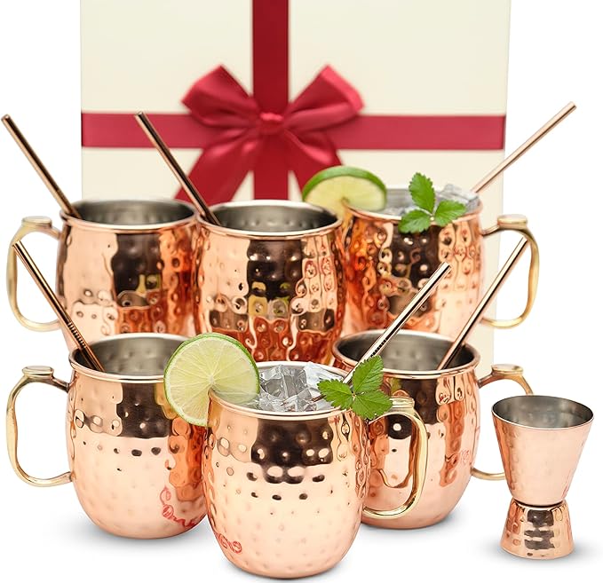 [Gift Set] Moscow Mule Mugs, Stainless Steel Lined Copper Moscow Mule Cups Set of 6 (18oz) w/Straws, Jigger, Spoon & Brush | Tarnish-Resistant Stainless Steel Interior
