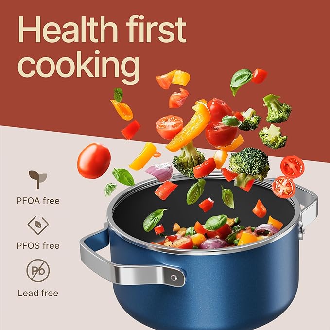 Bakken 3 Quart Ceramic Coated Stock Pot with Lid, Easy to Clean Nonstick Pot, Tempered Glass Lid, Riveted Stainless Steel Handles, Oven Safe Up To 500°F, PTFE & PFAS Free, All Stove Compatible, Blue