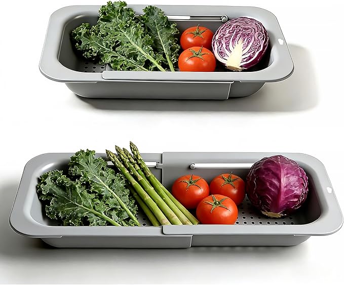 Extendable Colander Strainer Basket, Over the Sink Colander and Strainer for Kitchen, Wash Vegetables and Fruits, Drain Pasta and Dry Dishes, Adjustable Colander from 13.5In to 18.7In, Gray