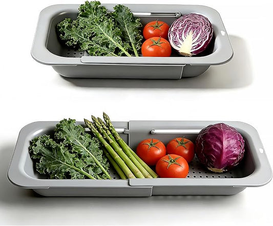 Extendable Colander Strainer Basket, Over the Sink Colander and Strainer for Kitchen, Wash Vegetables and Fruits, Drain Pasta and Dry Dishes, Adjustable Colander from 13.5In to 18.7In, Gray