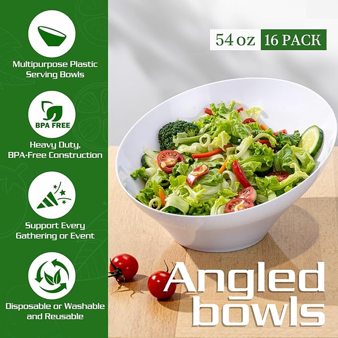 Liacere 16PCS White Plastic Serving Bowls - 54 OZ Angled Table Salad and Fruit Bowls - Disposable for Chip&Candy - Ideal for Party & Wedding & New Year