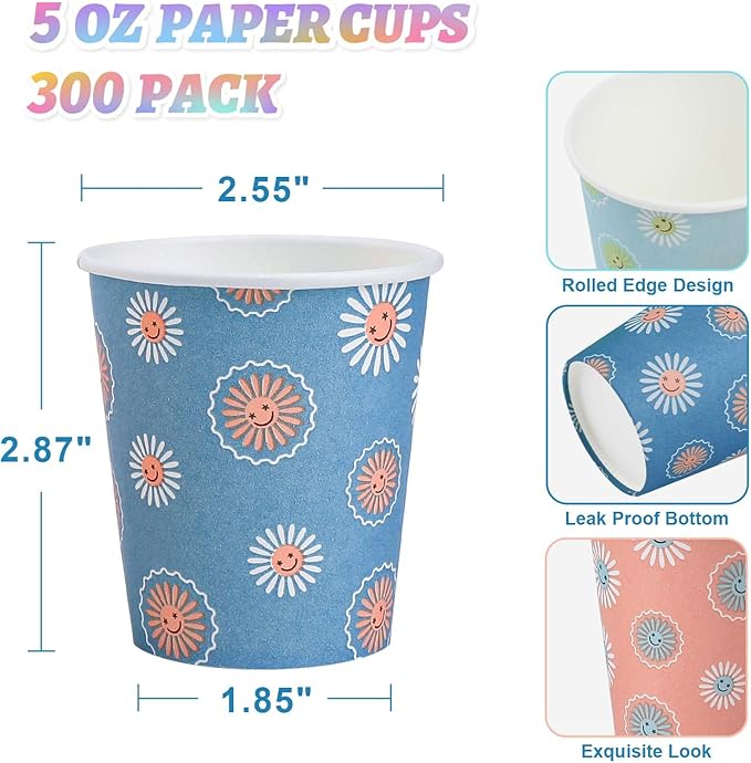 SIUQ 300 Pack 5 oz Paper Cups, Disposable Bathroom Cups, Small Mouthwash Cups, Hot/Cold Beverage Drinking Mini Cup for Party, Picnic, BBQ, Travel (Daisy)
