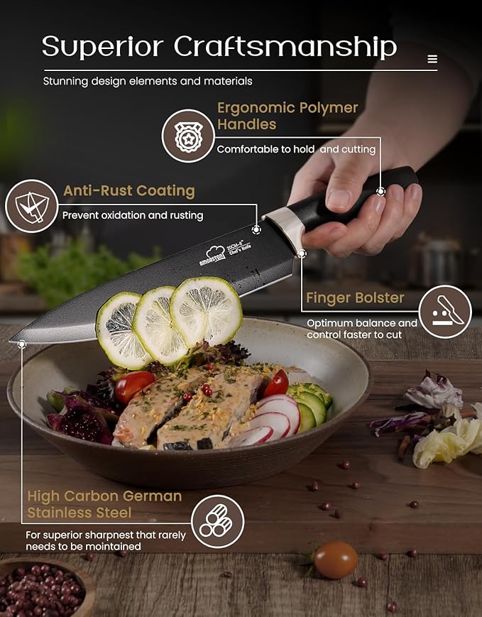 Amorston Knife Set, 15 Pieces Kitchen Knives Set with Block and Built in Sharpener, Dishwasher Safe Knife Block Set, German Stainless Steel Knife Block Set for Home Kitchen Gifts, Black