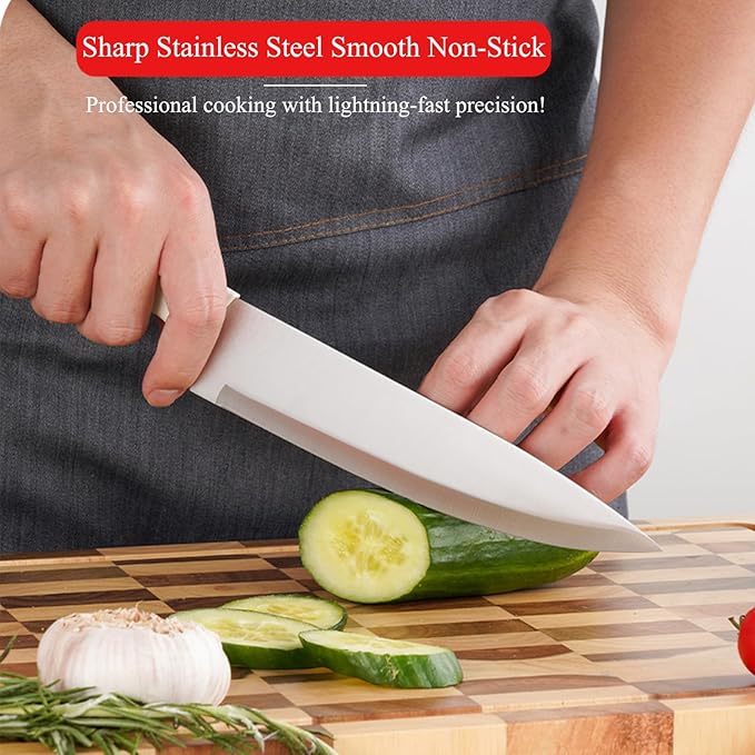 Knife Set, 14-Piece Kitchen Knife Block Set Dishwasher Safe with Wood Block and Sharpener,Non Stick Sharp Stainless Steel Chef Knife Sets for Cooking