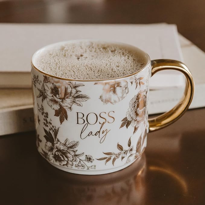 Sweet Water Decor Boss Lady Mug, 17 oz Cute Coffee Mug with Gold Handle for Women Bosses, Large Cup for Tea, Espresso & Hot Cocoa, Birthday Gift Idea for Coworkers, Friend, Mom, & Wife