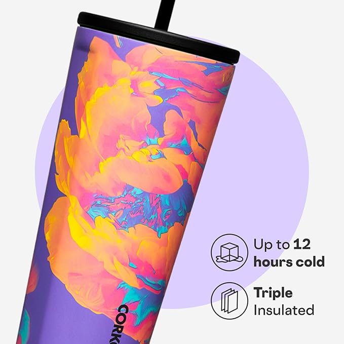 Corkcicle Cold Cup Insulated Tumbler with Straw - Keeps Drinks Cold for 12 Hours - Triple-Insulated Stainless Steel - Leak-Resistant Lid - Summer Drinkware Gift - 24 oz - Super Bloom