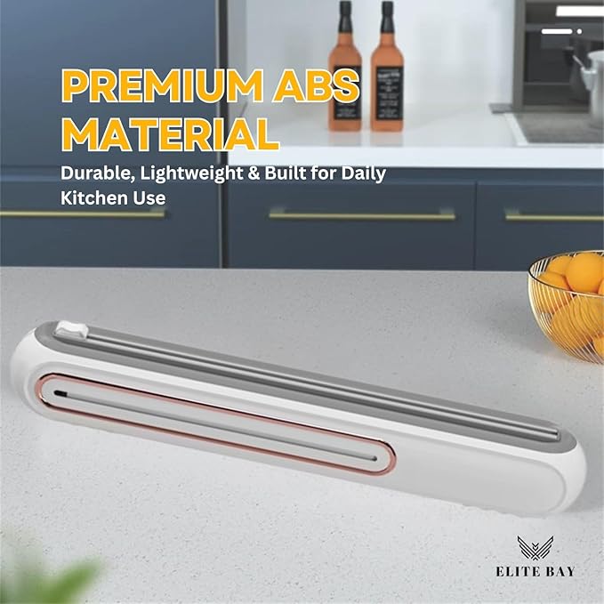Food Plastic Wrap Dispenser with Sliding Cutter – Refillable ABS Wrap Cutter for Kitchen Use | Includes 80cm Plastic Wrap Roll | Compact, Safe & Easy to Use | Space-Saving Design in White.