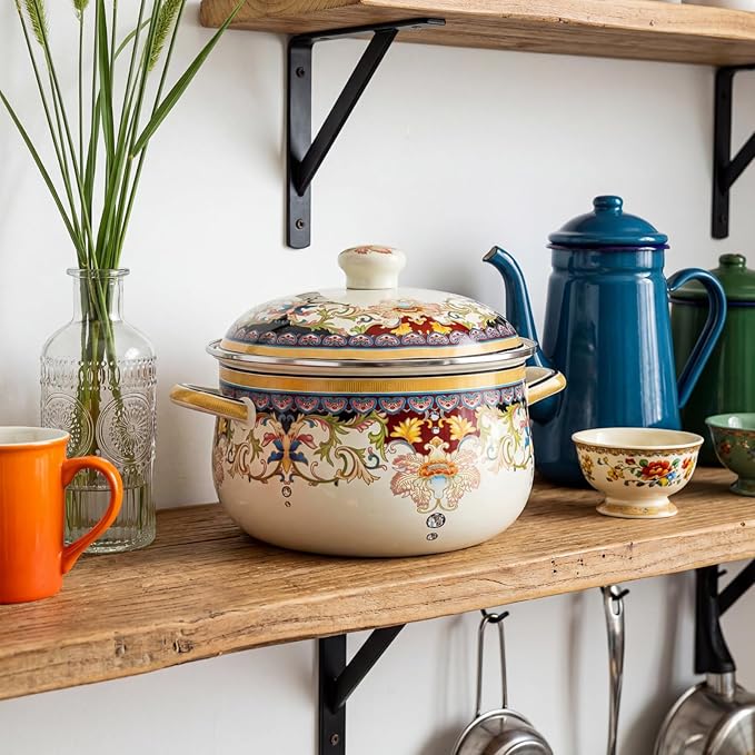 ZENFUN Kitchen Enamel Stockpot with Lid, 4.5 Quart Retro Flower Stew Bean Cooking Pot, Vintage Thicken Soup Pot with Handles, Nonstick, Safe for Induction Cookers, Gas Stove